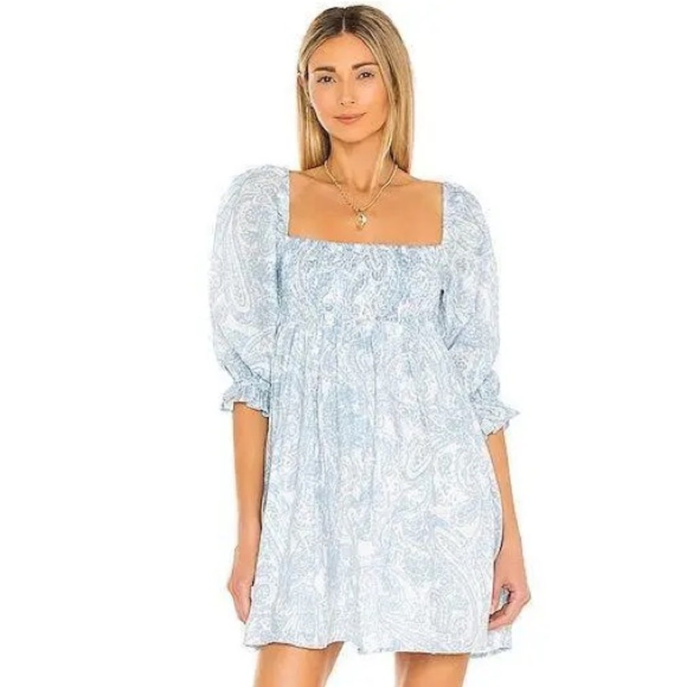 Faithfull the Brand Calista Blue Paisley Smocked Linen Dress - Picture 2 of 3